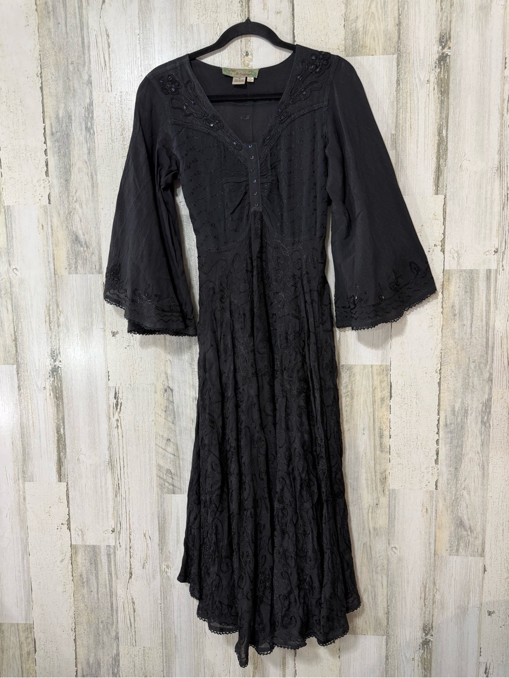 Butterfly Rayon Black Embroidered Maxi Dress Trumpet Sleeve